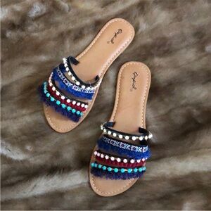 QUPID Embellished Sequin Gem Embroidered Slide On Backless Sandals NWT